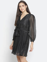 Astute solid black celeb- style women shimmer tie knot dress