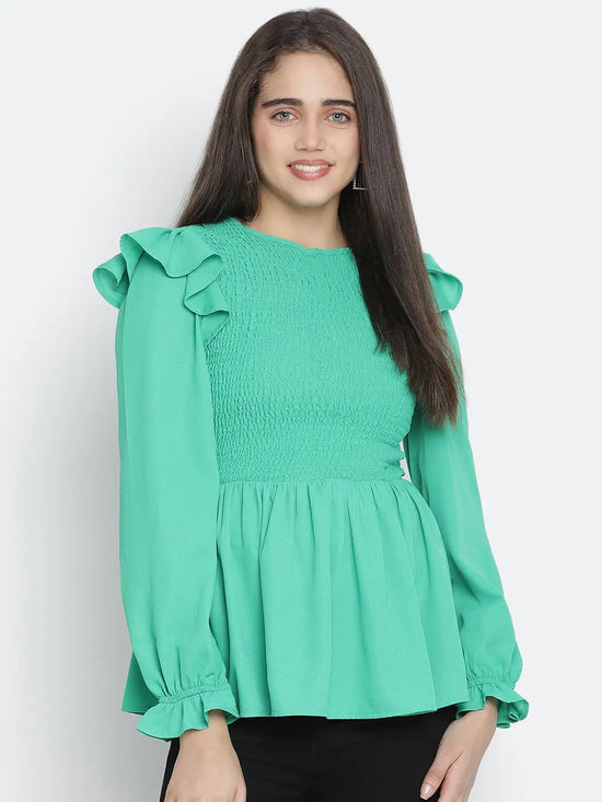 Ador solid green trendy smocked women top