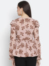 Crispy Brown Floral Print Smocked Women Top