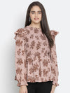 Crispy Brown Floral Print Smocked Women Top