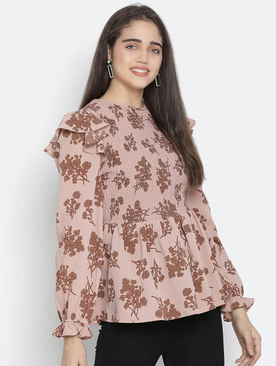 Crispy Brown Floral Print Smocked Women Top