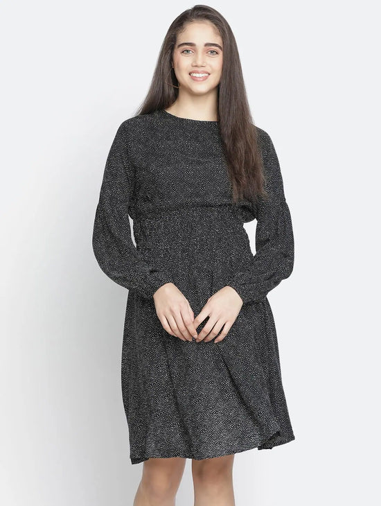 Pradise Black Dot Print Women Smocked Dress