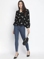 Malleate Super Black Floral Print Women Top