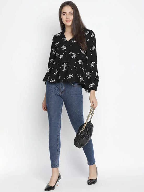 Malleate Super Black Floral Print Women Top