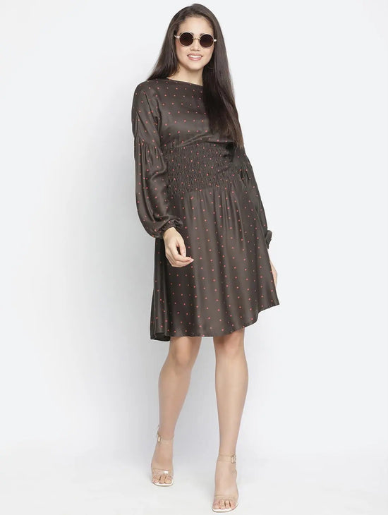 Rissser Solid Brown Alluring Women Smocked Dress