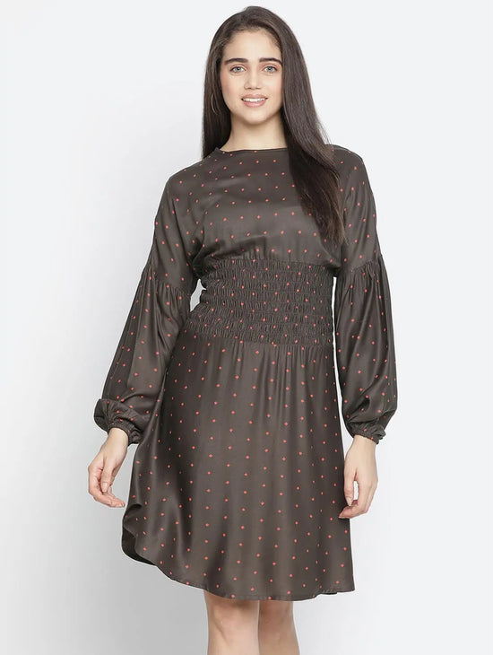 Rissser Solid Brown Alluring Women Smocked Dress