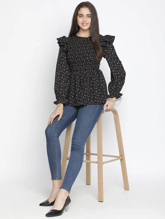 Jagged Chic Black Dot Print Smocked Women Top