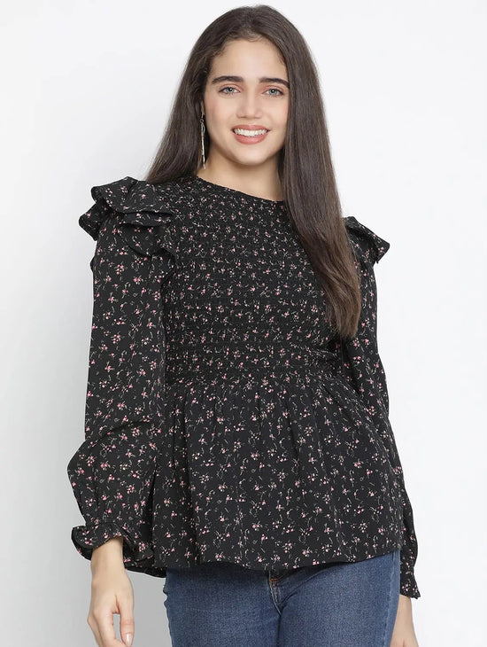 Jagged Chic Black Dot Print Smocked Women Top