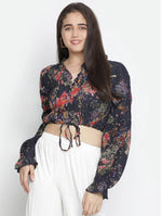 Crackle Navy Blue Floral Print Women Tie Top