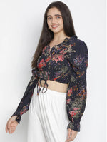 Crackle Navy Blue Floral Print Women Tie Top