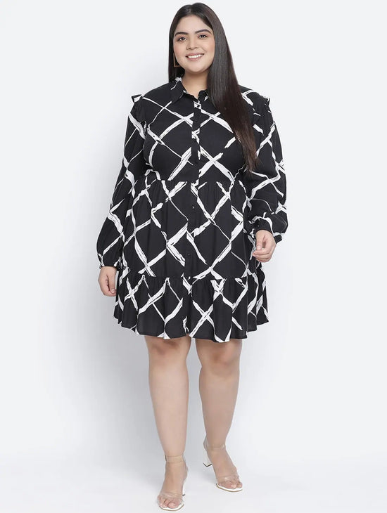 Lavish Black Check Print Button-Down Plus Size Dress