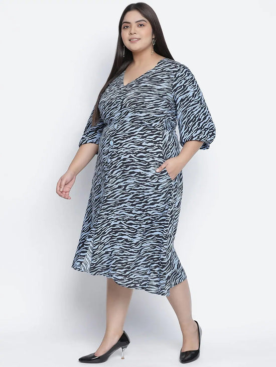 Lazzing Blue Animal Print Button- Down Plus Size Women Dress