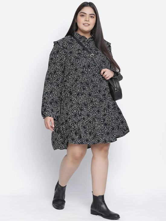 Jabllic Black Floral Printv Button Down Plus Size Dress