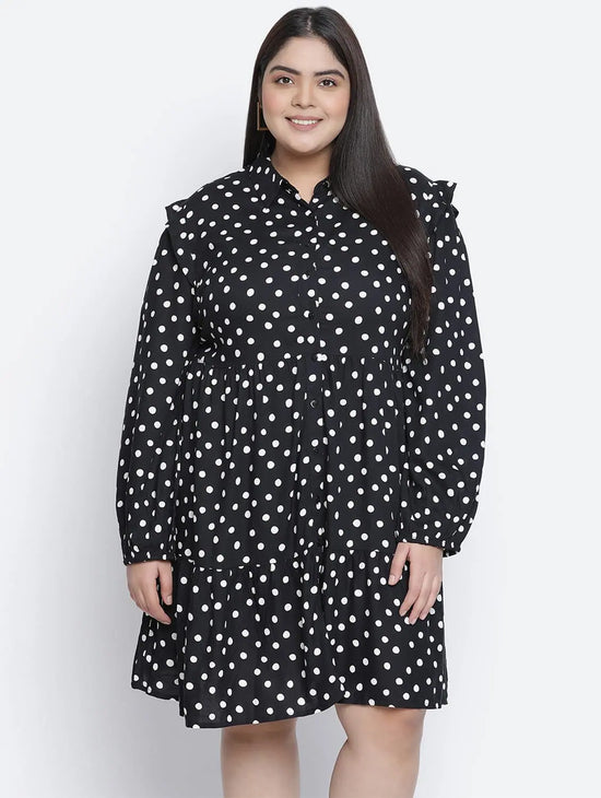 Fly High Polka Print Button Down Plus Size Women Dress