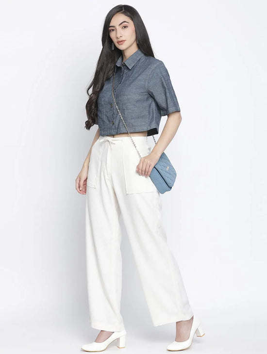 Denim Solid Womem Crop Shirt