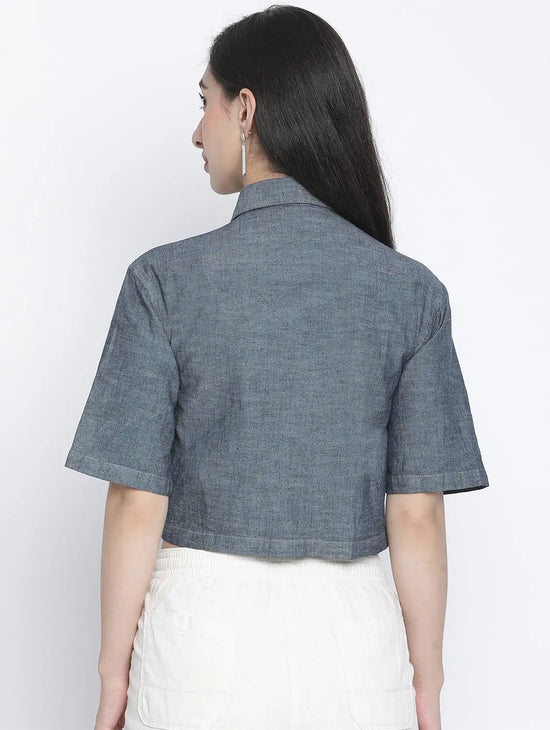 Denim Solid Womem Crop Shirt