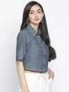 Denim Solid Womem Crop Shirt