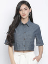 Denim Solid Womem Crop Shirt