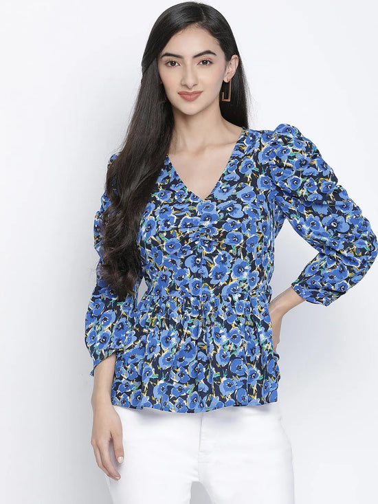 Cloud blue flower print women top