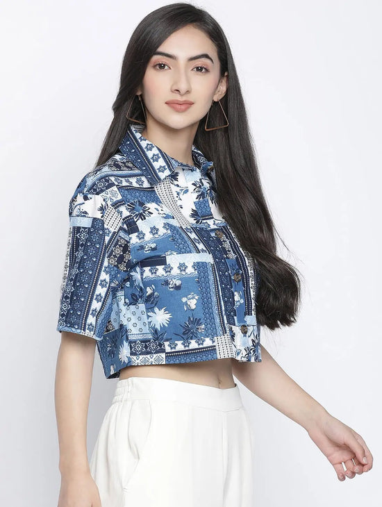 Blezzi Blue Printed Women Crop Shirt