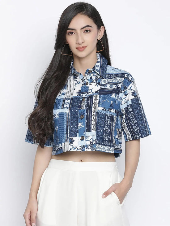 Blezzi Blue Printed Women Crop Shirt