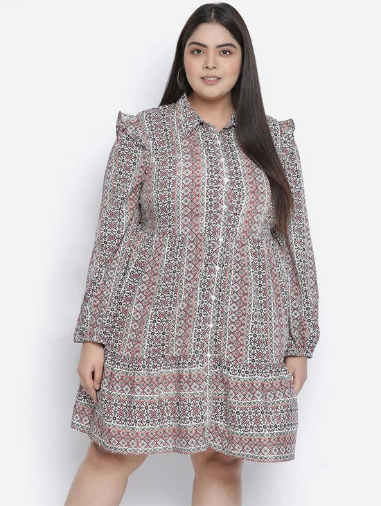 Cantallic Geometric Print Button-Down Plus Size Dress