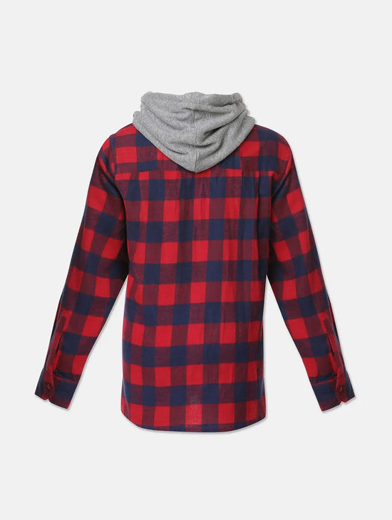 Dome Red Brush Check Boy Hooded Shirt