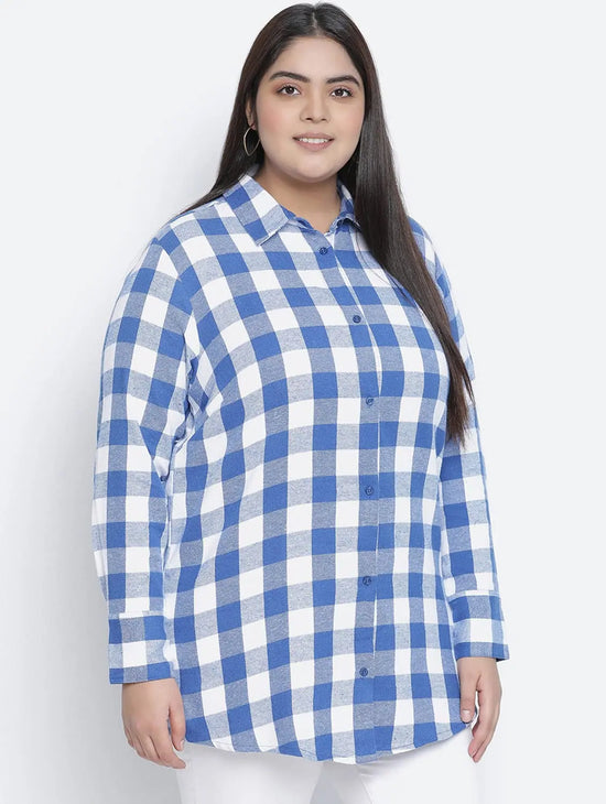 Minimalist Blue Brush Check Plus Size Women Shirt