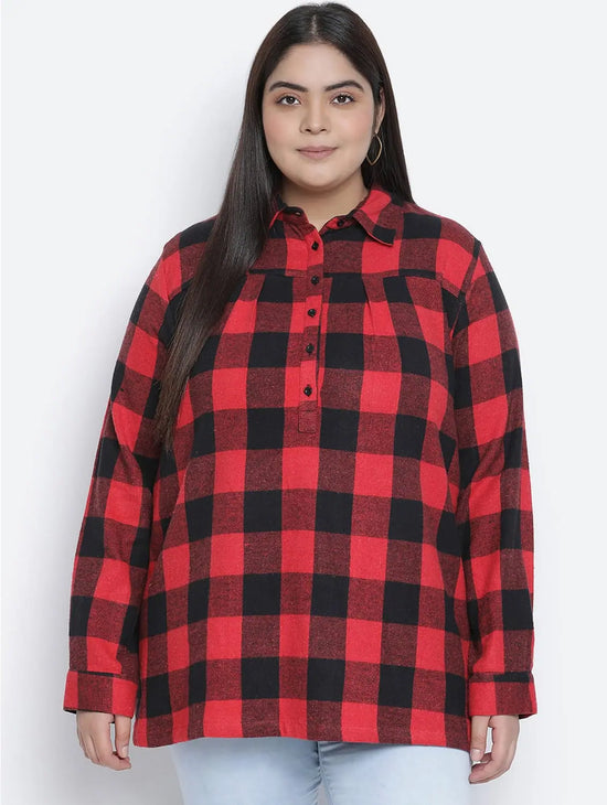 Scattle Red Brsuh Chcek Plus Size Women Tunic