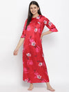 Carmine red floral satin print women nightwear dress