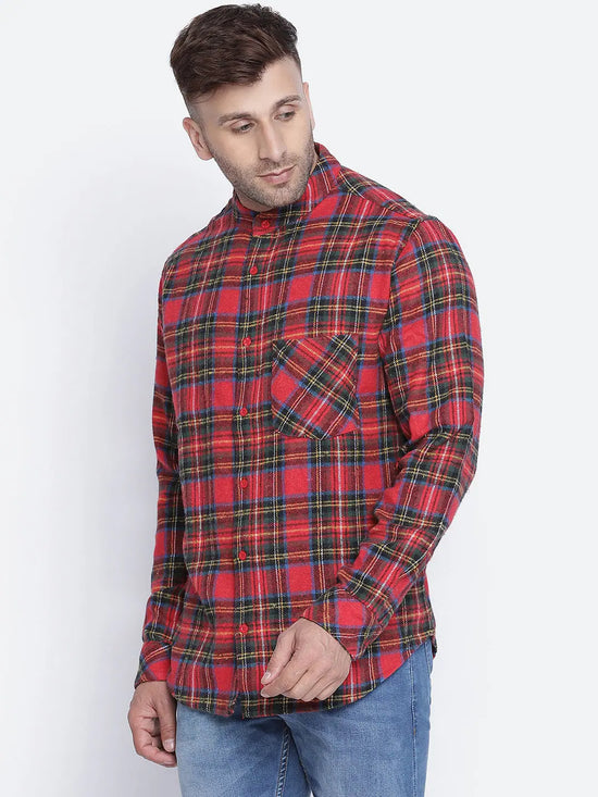 Warm red brush check men shirt