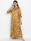 Mustard Floral Satin Print Women Nightwear Dress