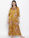 Mustard Floral Satin Print Women Nightwear Dress