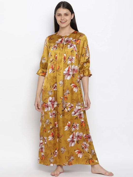 Mustard Floral Satin Print Women Nightwear Dress