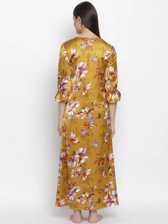 Mustard Floral Satin Print Women Nightwear Dress