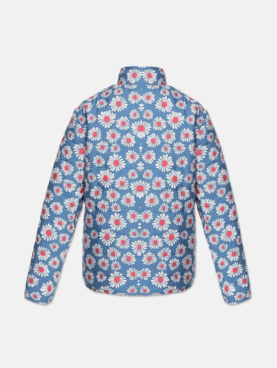 Women Printed Light Blue Collared Neck Full Sleeve Jacket