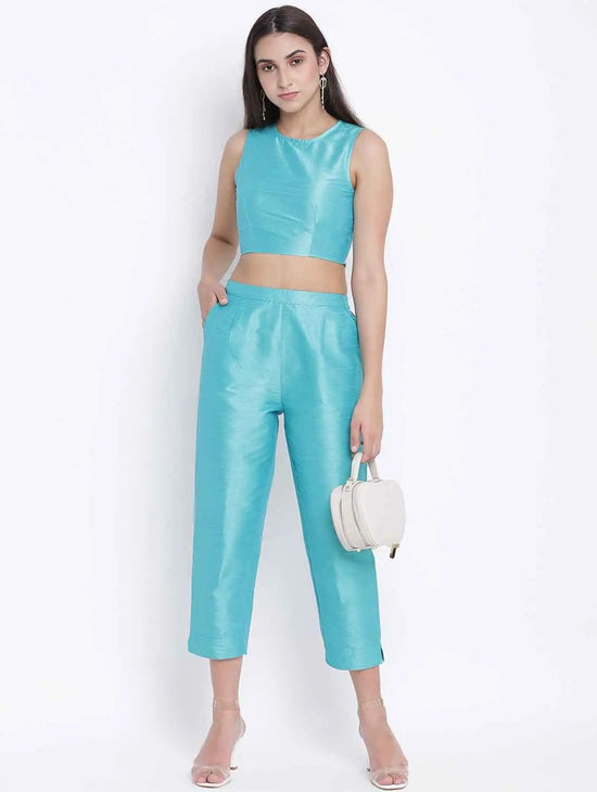 Mettalic Turq Dupion Silk Women Crop Top