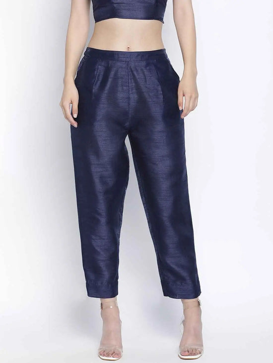 Romanlic Navy Blue Dupion Silk Women Pant