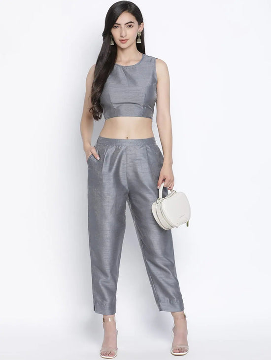 Soild Grey Dupion Silk Women Pant