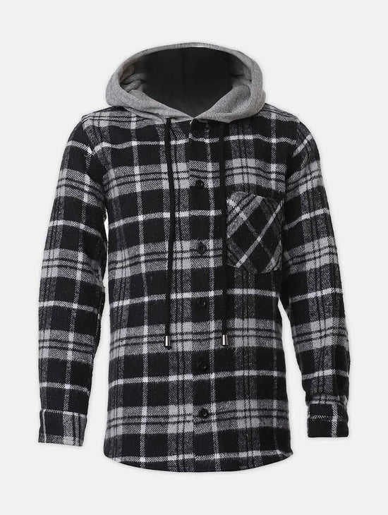 Yopper Black Brush Check Boy Hooded Shirt