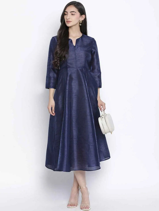 Lazzle Navy Blue Dupion Silk Women Long Dress