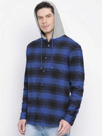 Styler Blue Brush Check Men Hooded Shirt