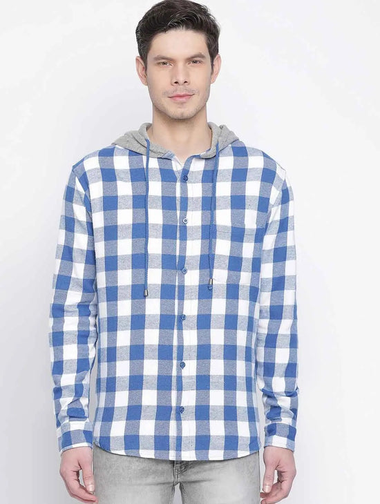 Vantic Blue Brush Check Men Hooded Shirt