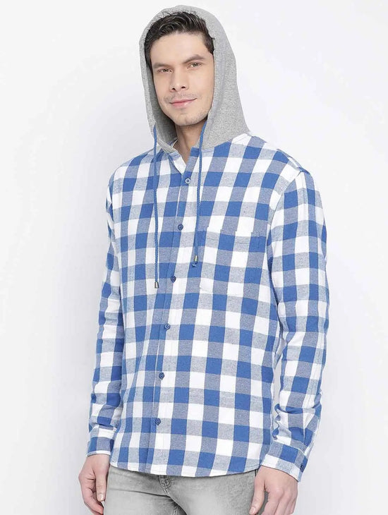 Vantic Blue Brush Check Men Hooded Shirt