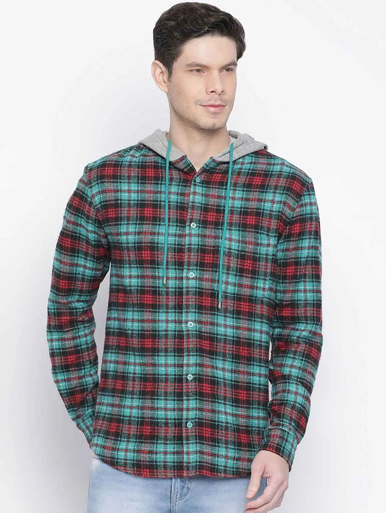 Capper Green Brush Check Men Hooded Shirt