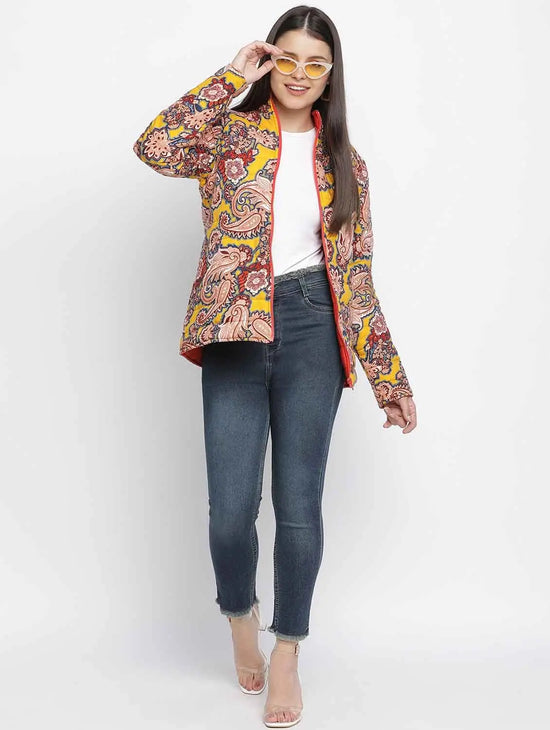 Women Printed Yellow Collared Neck Full Sleeve Jacket