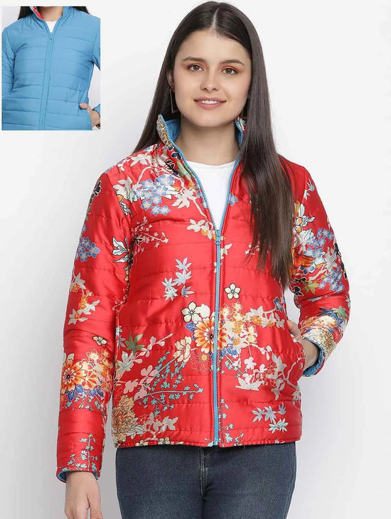 Women Printed Red Collared Neck Full Sleeve Jacket