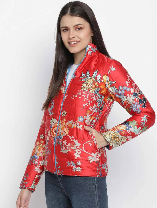 Women Printed Red Collared Neck Full Sleeve Jacket