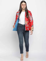 Women Printed Red Collared Neck Full Sleeve Jacket