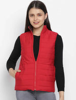 Women Printed Red Collared Neck Sleeveless Jacket